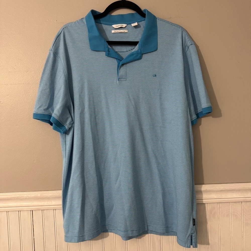 Calvin Klein Men’s Polo Shirt Liquid Touch Blue & White Stripe Size XL